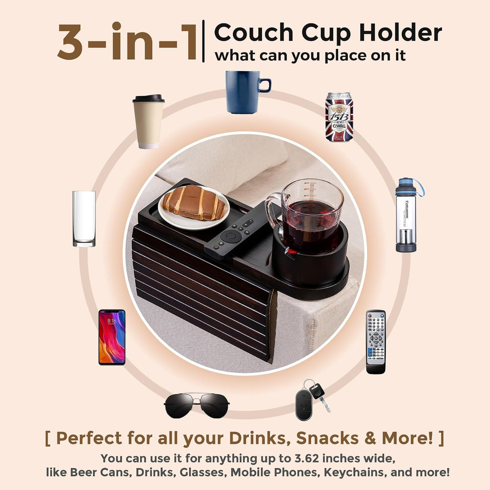 Couch Cup Holder for Armrests Over 4.9" Wide with 360° Phone Stand Black...