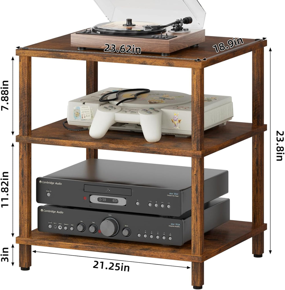 LELELINKY 3-Tier AV Media Player Stand, Brown Stereo Cabinet, Modern Stereo C...