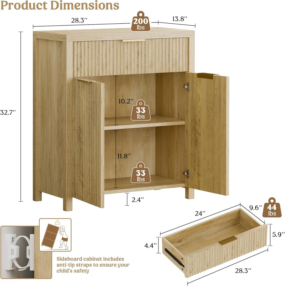 Lulive Fluted Buffet Cabinet with Storage Sideboard Cabinet Adjustable Shelve...