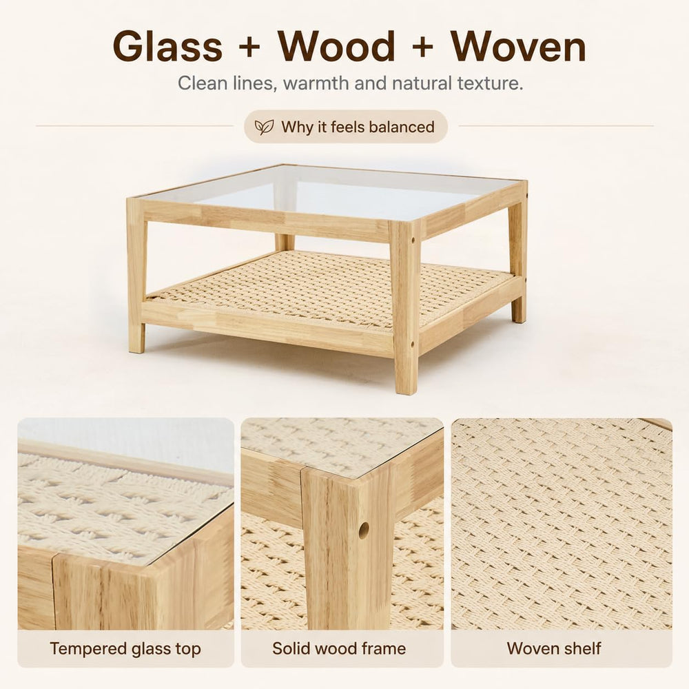 31.5" Square Tempered Glass Coffee Table, 2-Tier Woven Shelf, Wood