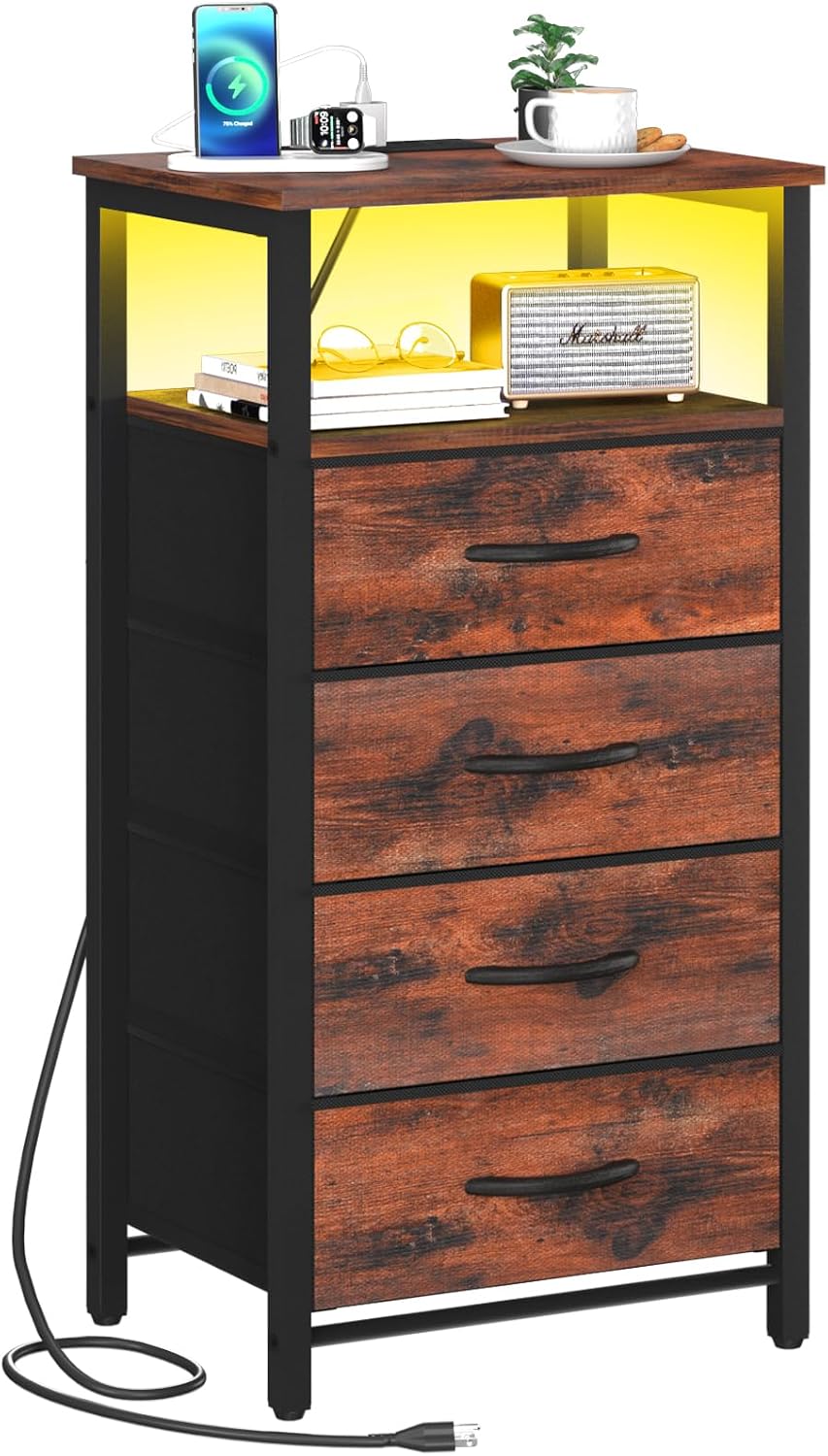 Yoobure Night Stand - LED Rustic Nightstand with Charging Station for Dorm | ...