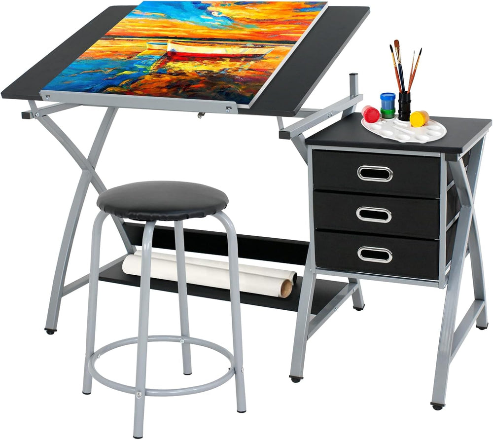 ZENY Drafting Table and Stool, Tilted Draft Table Desk w/Drawers, Artist Draw...