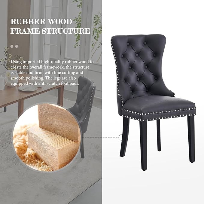 Leather Dining Chair Set of 2, Dining Room Chairs with Nailhead Ring Pull Tri...