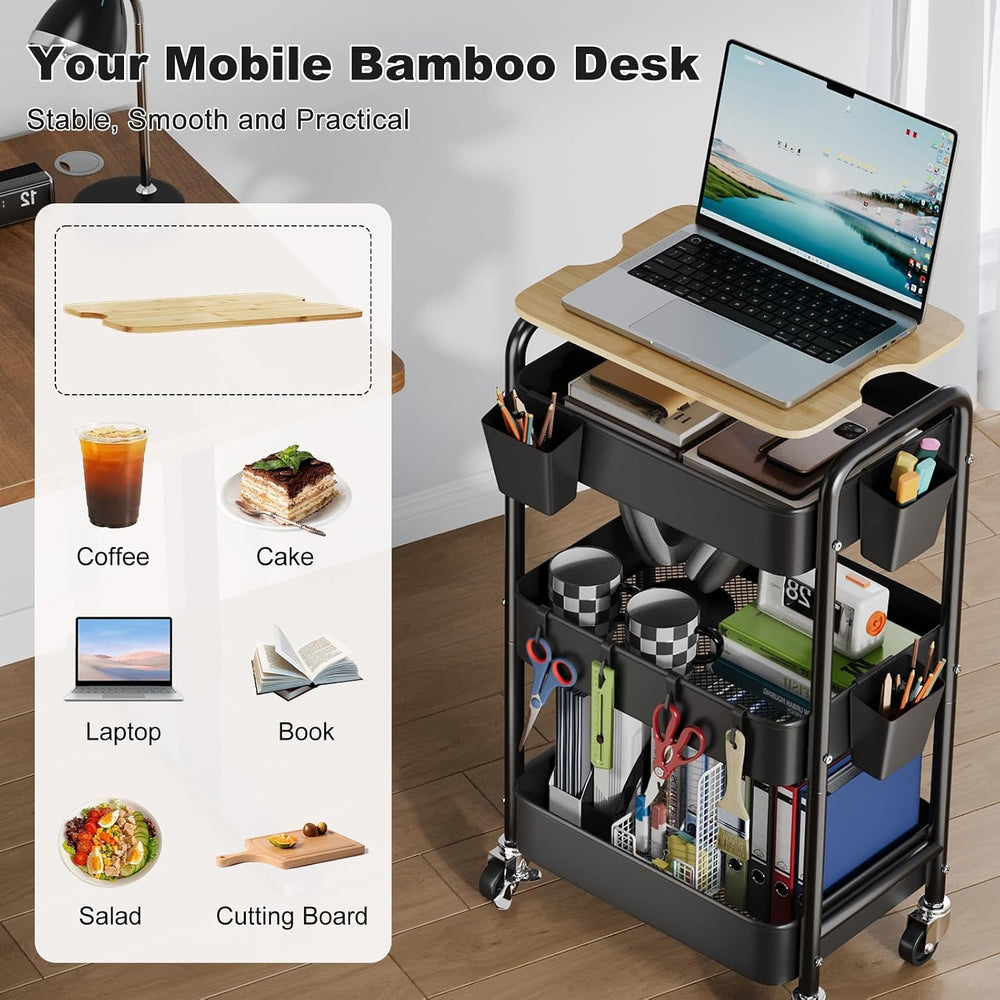 3 Tier Storage Rolling Cart with Wood Table Top on Lockable Wheels(Black)