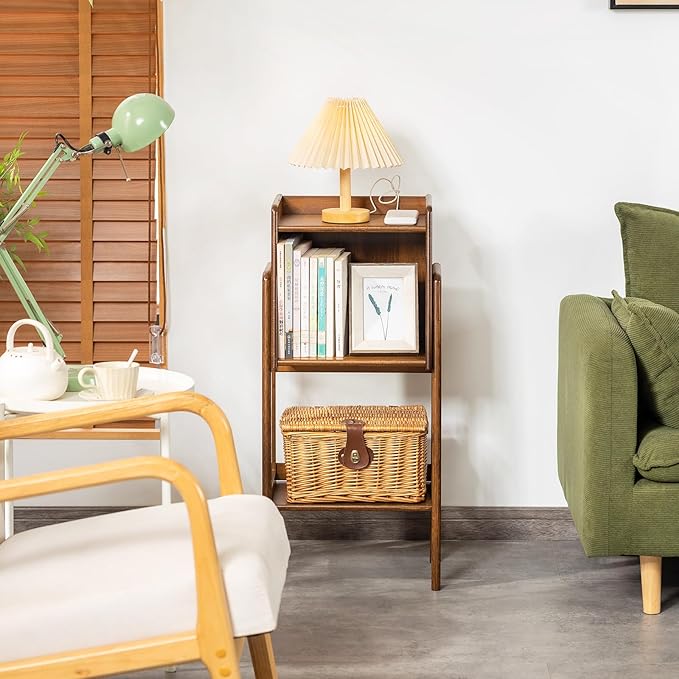 Welnow Bamboo Bookcase with Cabinet, Natural End Table with 1-Tier Storage Sh...