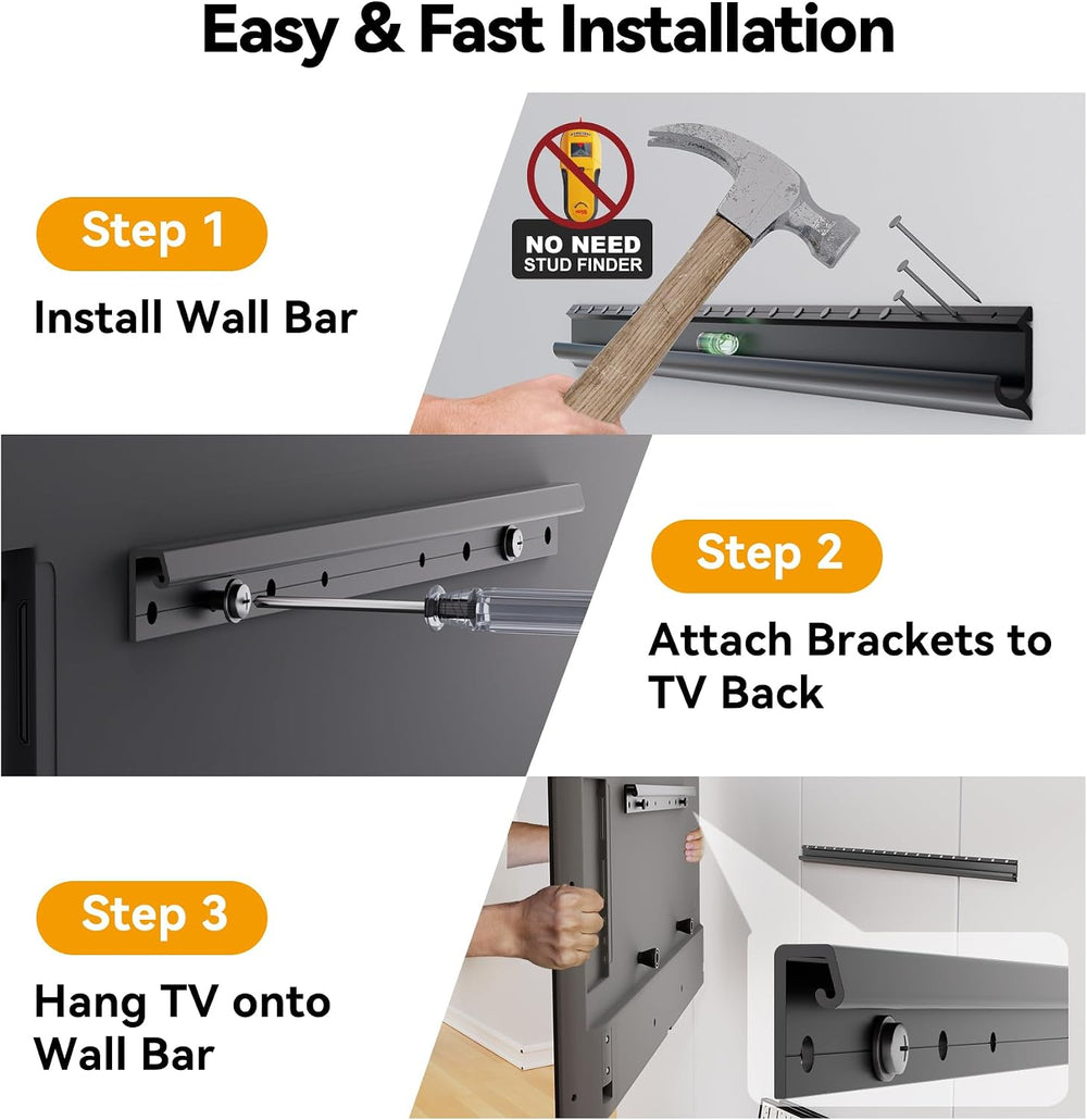 Studless TV Wall Mount for 32-75 inch TVs, Low Profile, No Drill | No Stud Dr...