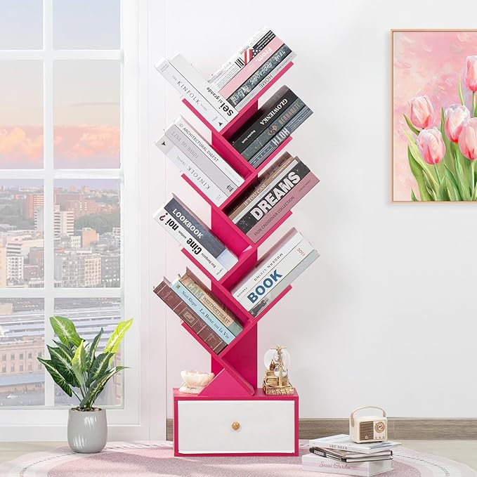 8 Tier Tree Bookshelf with Drawer, Free Standing Wood Bookcase for Narrow Spa...