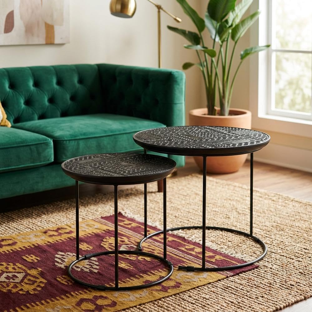 Furnifact Mango Wood Round Nesting Table 2-Piece, Nesting Coffee Table Set fo...