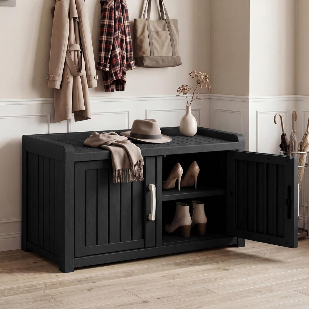 2-Tier Storage Bench, Waterproof UV-Resistant Outdoor Shoe Storage Cabinet ,O...