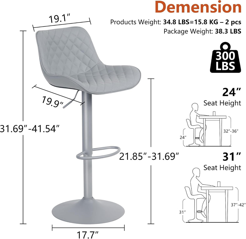 YOUTASTE All Grey Bar Stools Set of 2, Upholstered Counter Height Bar Stool, ...