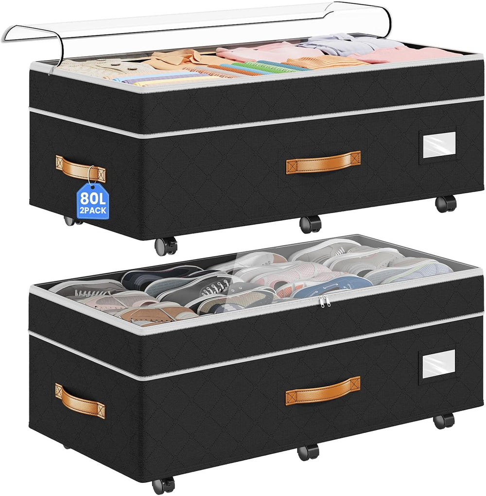 80L 2 Pack Adjustable Under Bed Storage with Wheels | Underbed containers wit...