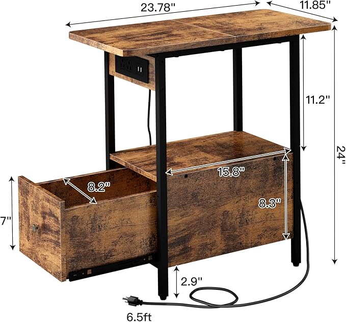 LIDYUK End Table with Charging Station, Narrow Side Table with Drawer and USB...