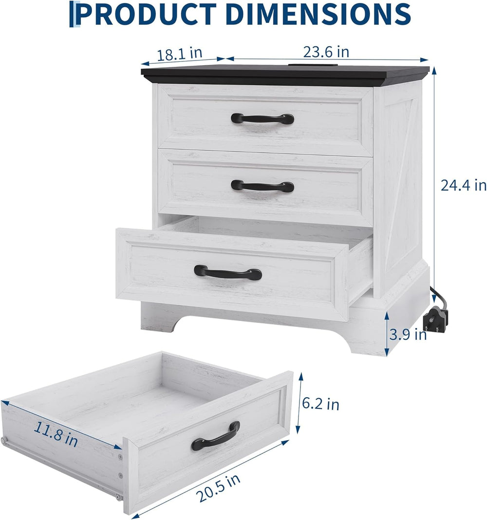Garvee Modern Farmhouse Nightstand with Charging Station & 3 Large Drawer...