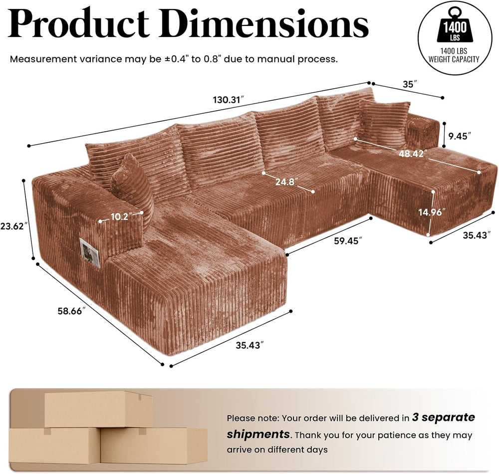 130'' U Shaped Boneless Couches, Corduroy Modular Sectional Sofa Brown