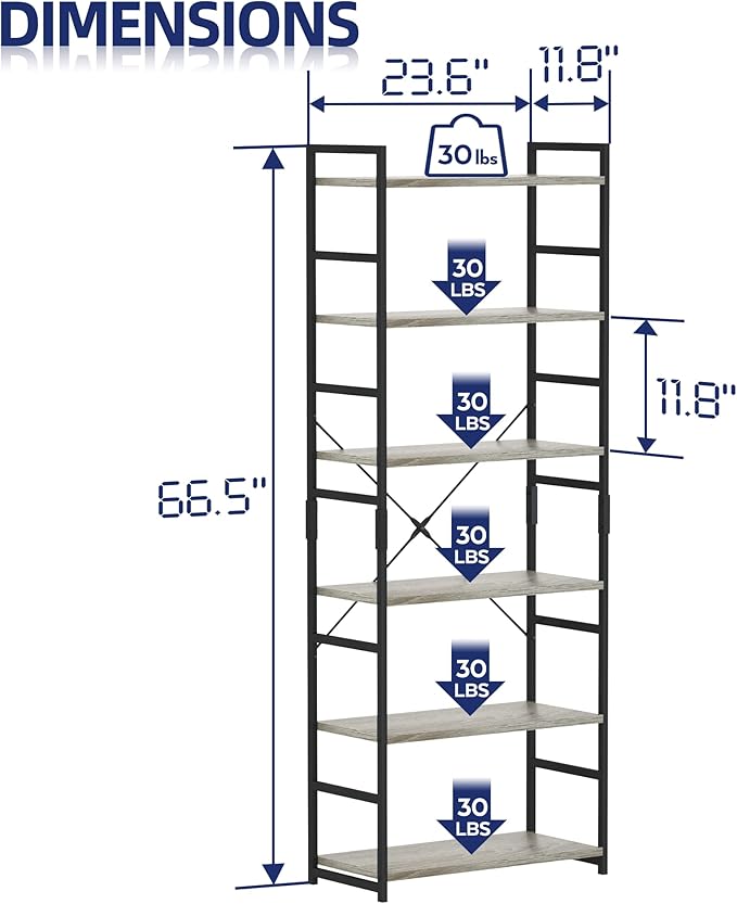 NUMENN 6 Tier Bookshelf, Tall Bookcase Shelf Storage Organizer, Modern Book S...