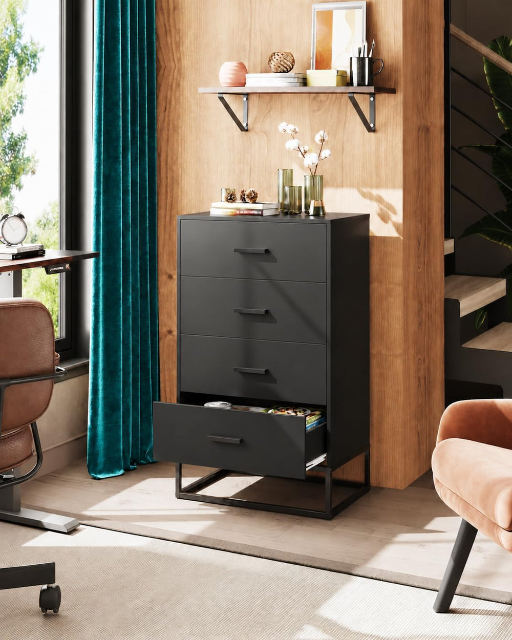 WLIVE Wooden Dresser for Bedroom with 4 Drawers, Black