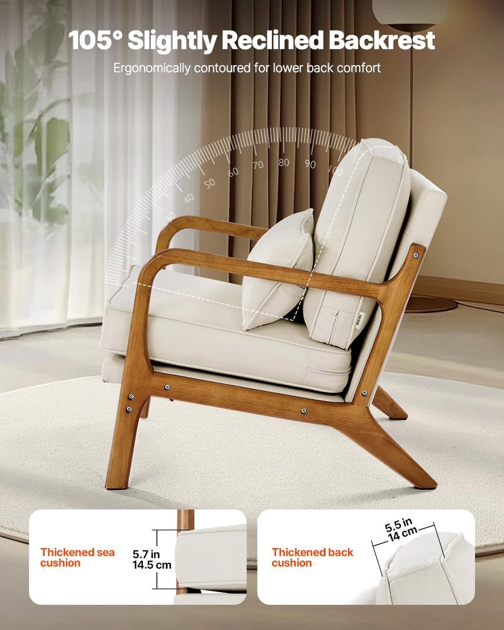 VEVOR Accent Chair, Mid Century Modern Armchair with Solid Wood Frame and Non...