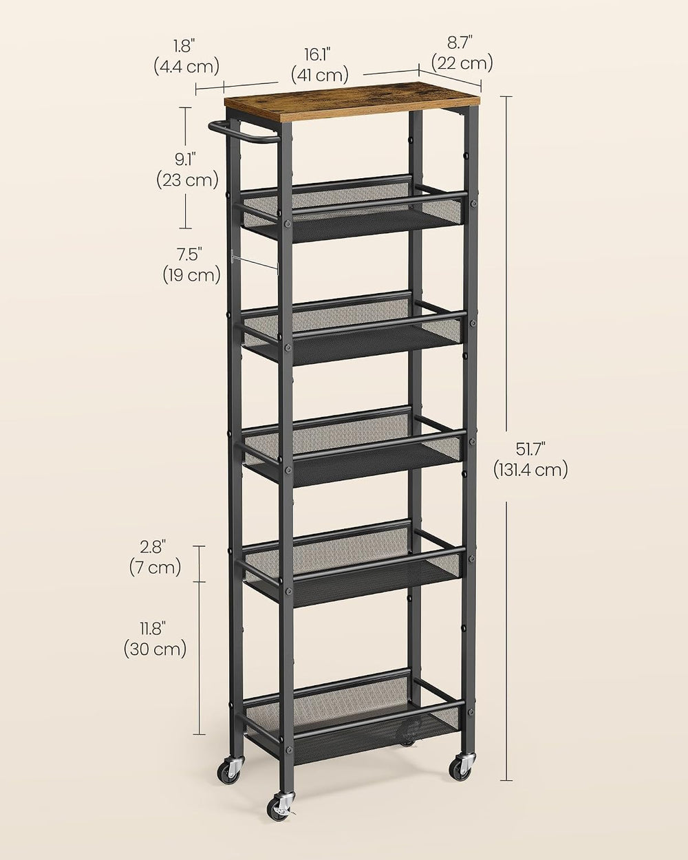 VASAGLE 6-Tier Slim Rolling Storage Cart, Narrow Kitchen Cart with Wheels, Ut...