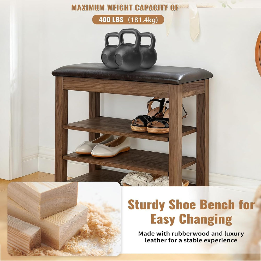24" Short Entryway Shoe Storage Bench with Cushion, Height Adjustable 3-...
