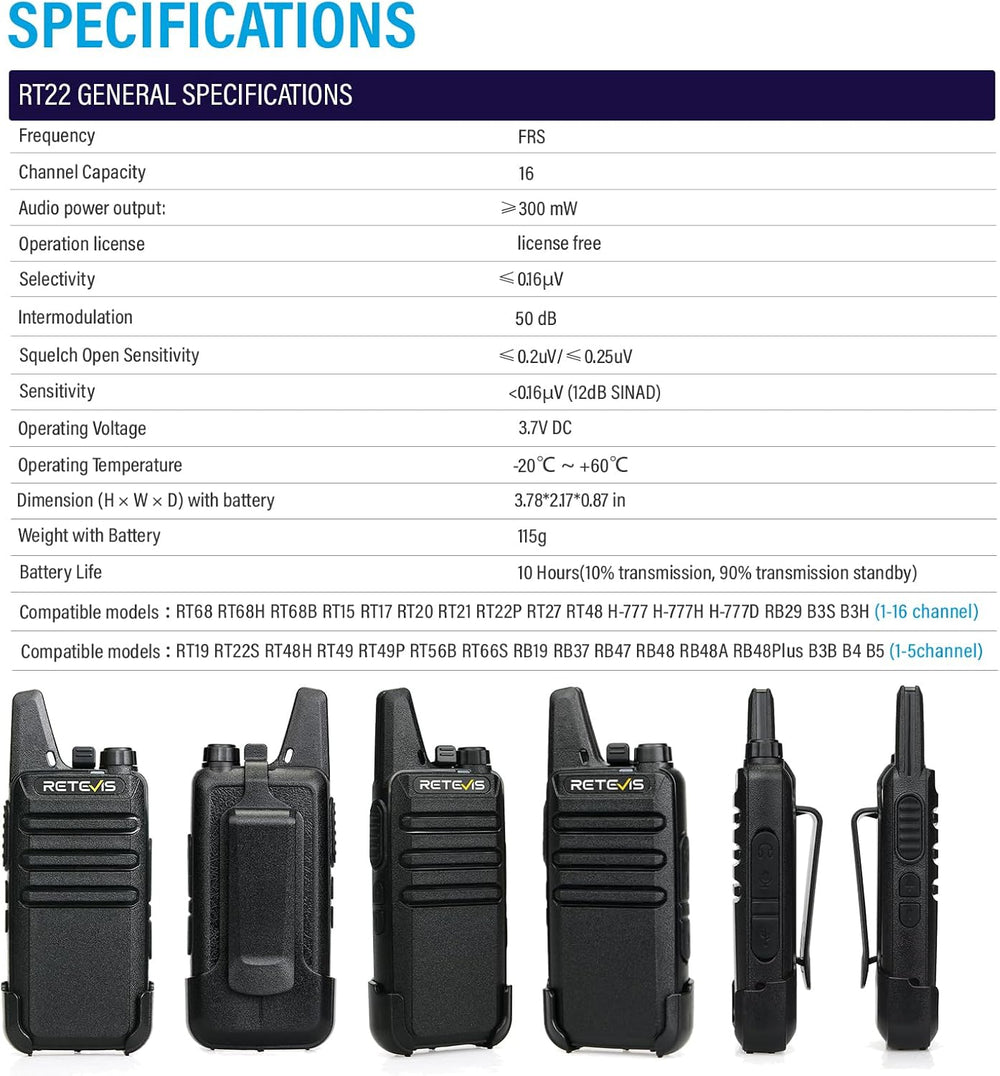 Retevis RT22 Compact & Lightweight FRS Walkie Talkies Long Range (4 Pack)