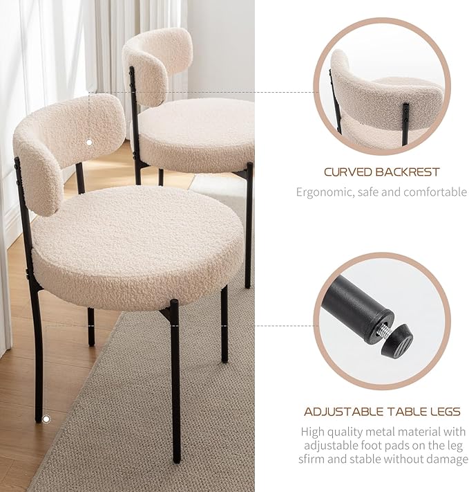 Boucle Dining Chairs Set of 6, Mid Century Modern Dining Room Chairs with Met...