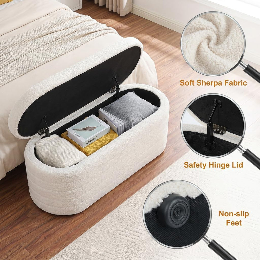 Teddy Sherpa Storage Ottoman Bench End of Bed, White | Modern Boucle, Oval De...