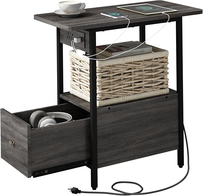 LIDYUK End Table with Charging Station, Narrow Side Table with Drawer and USB...