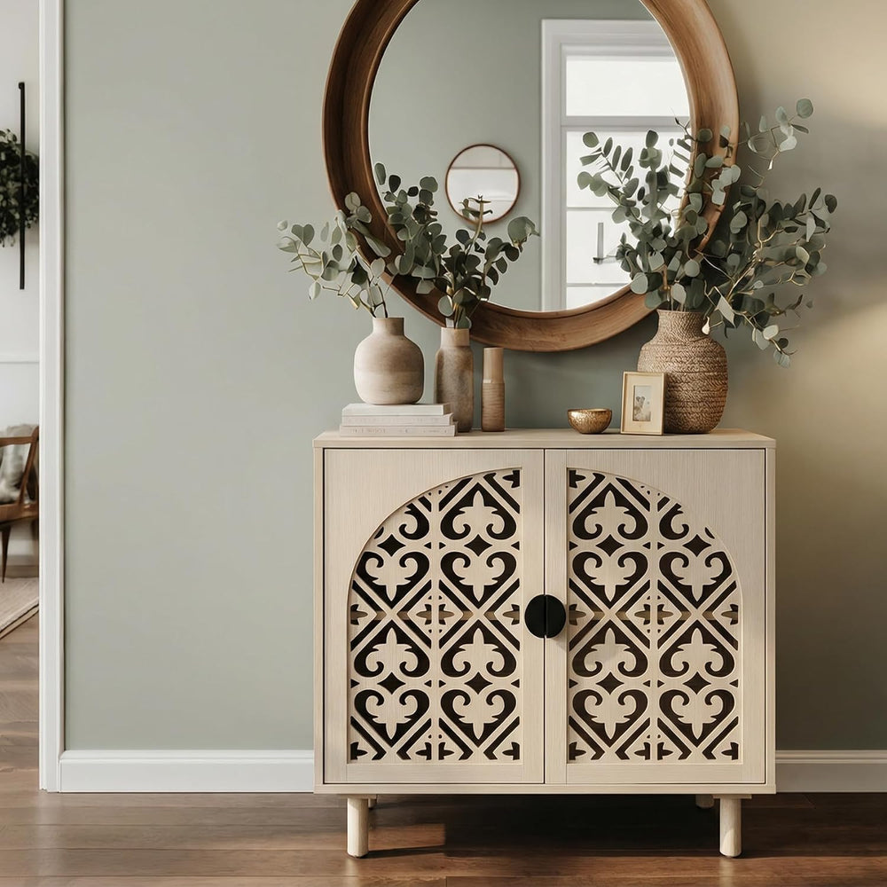 Decorative Storage Cabinet Sideboard with Hollow Carved Panels, 2 Doors, Natu...