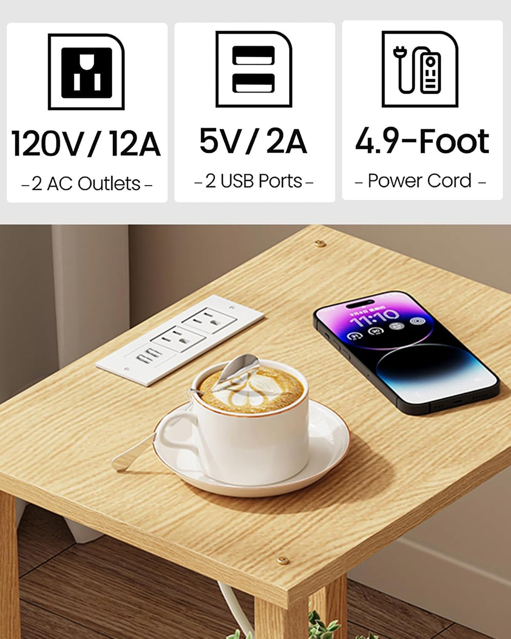 TUTOTAK End Table with Charging Station, Set of 2, Small Side Table with Outl...