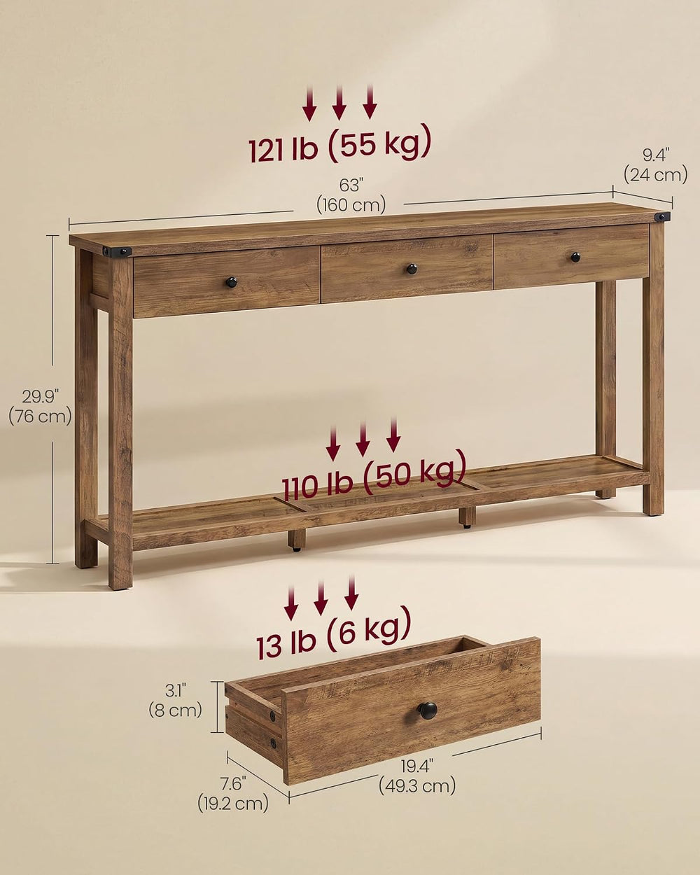 VASAGLE LIRY Collection Narrow Console Table with 3 Drawers, Brown | Long Sof...