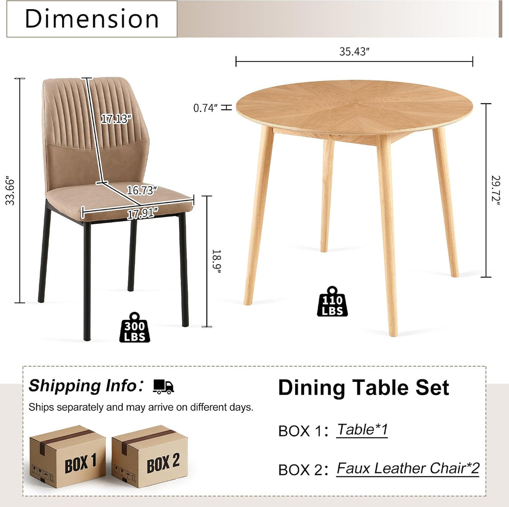 35" Round Dining Table Set for 2 with PU Leather Chairs, Space Saving Ki...