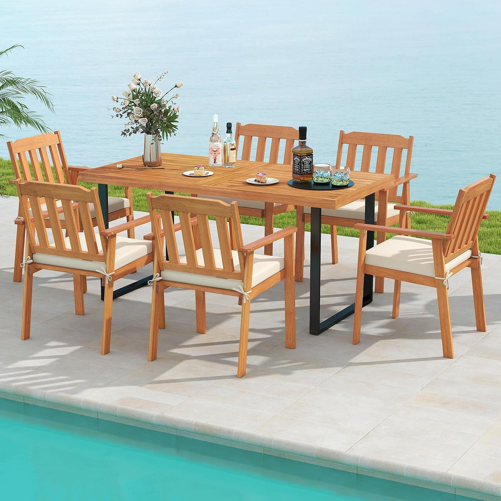 Tangkula 7 Pieces Patio Dining Table Set, 63” Rectangle Acacia Wood Table wit...