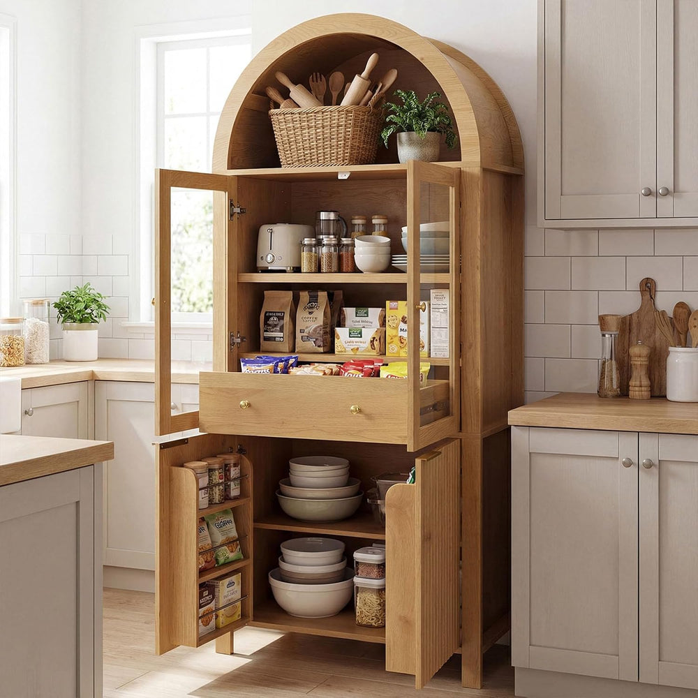71" Fluted Tall Arched Pantry Cabinet with Glass Doors,Hutch Cabinet wit...
