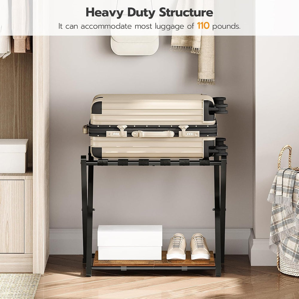 HOOBRO Folding Luggage Rack, Suitcase Stand Holder with Wooden Storage Shelf,...
