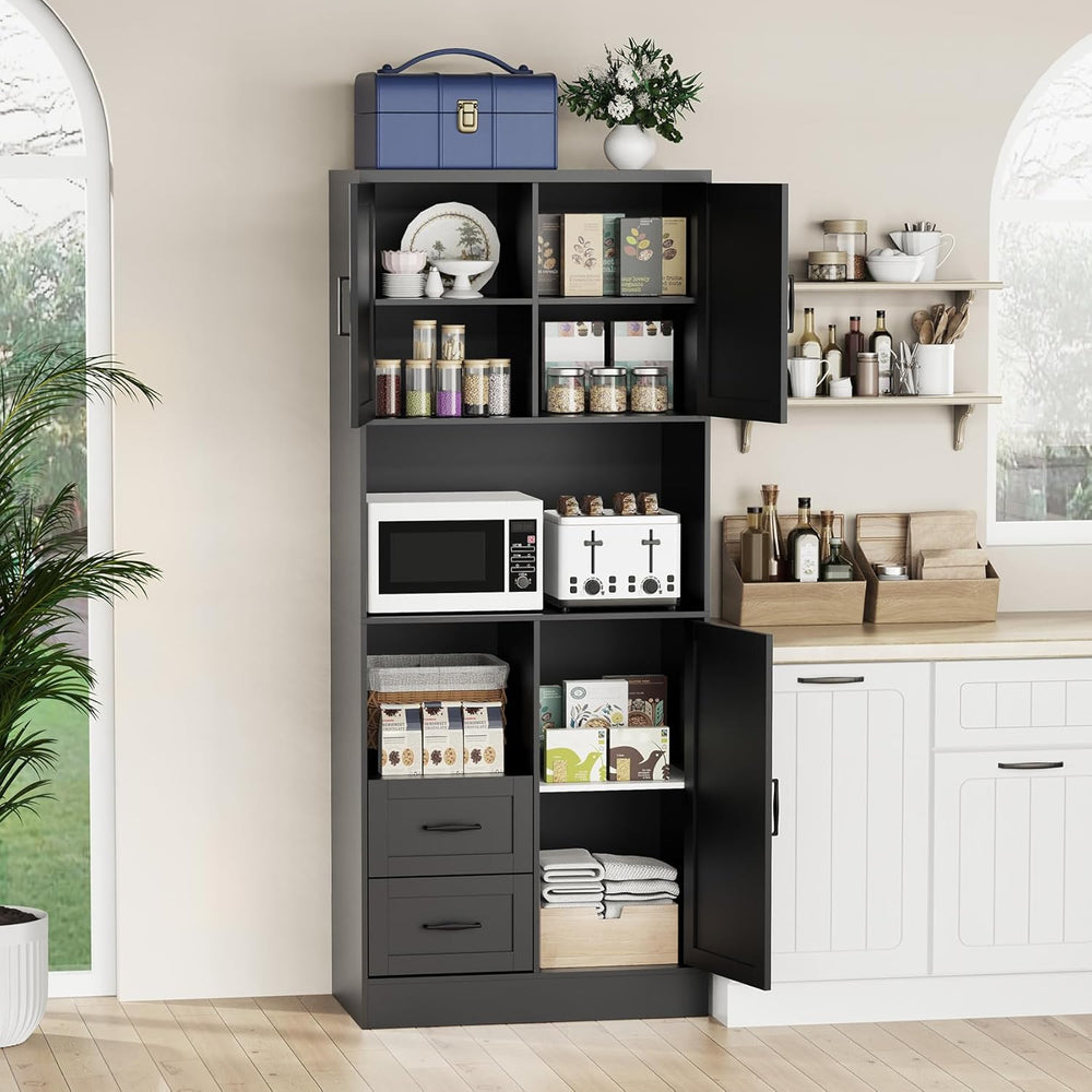Bigbiglife Farmhouse Kitchen Pantry Cabinet with LED Lights and Power Strip, ...