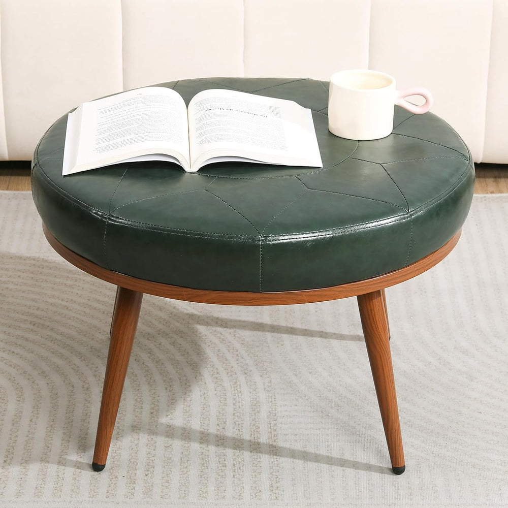 Green Round Ottoman Coffee Table, 24-Inch Faux Leather Cushioned Footstool wi...