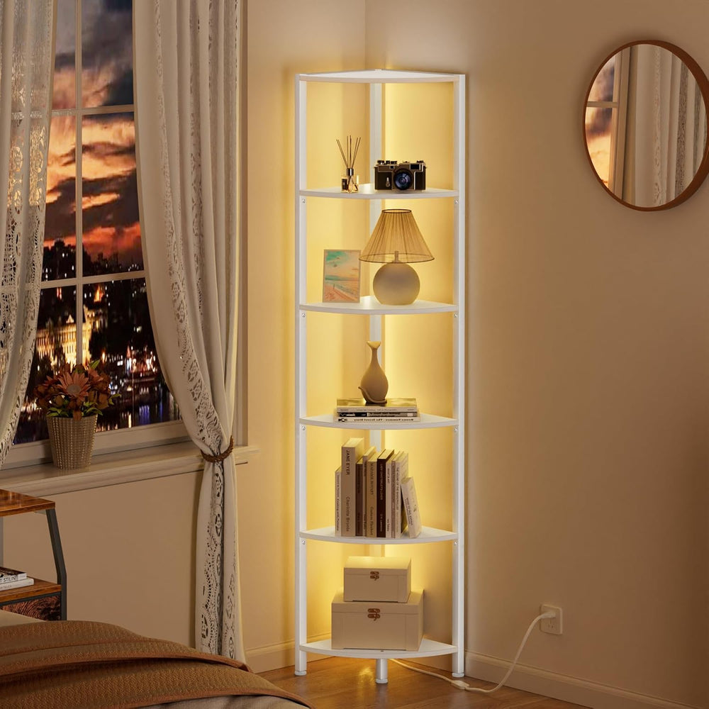 Furnulem 6 Tier Corner Shelf with LED Light, 67.5" White Narrow Bookshel...