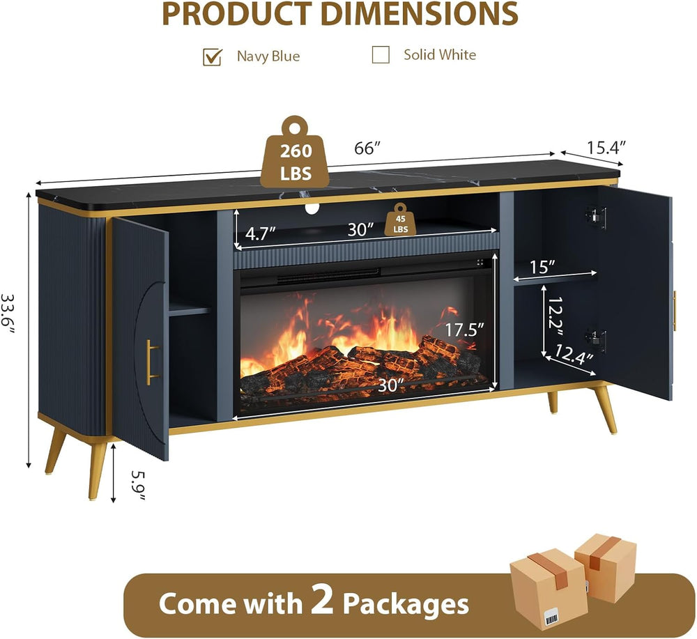 Fluted Fireplace TV Stand Up to 80" TVs, Modern Entertainment Center wit...