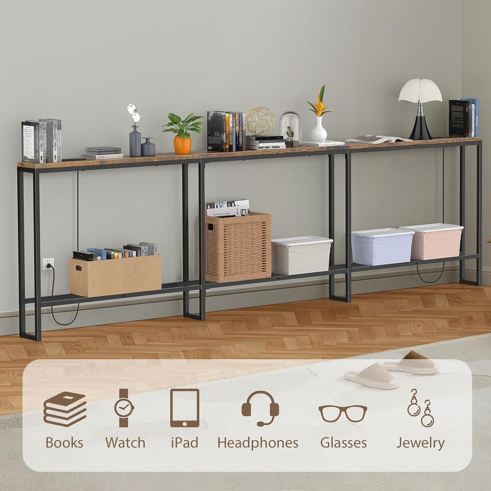 102 in Narrow Behind Couch Table with 2 Power Outlets,Rustic Brown | 2 USB-C ...