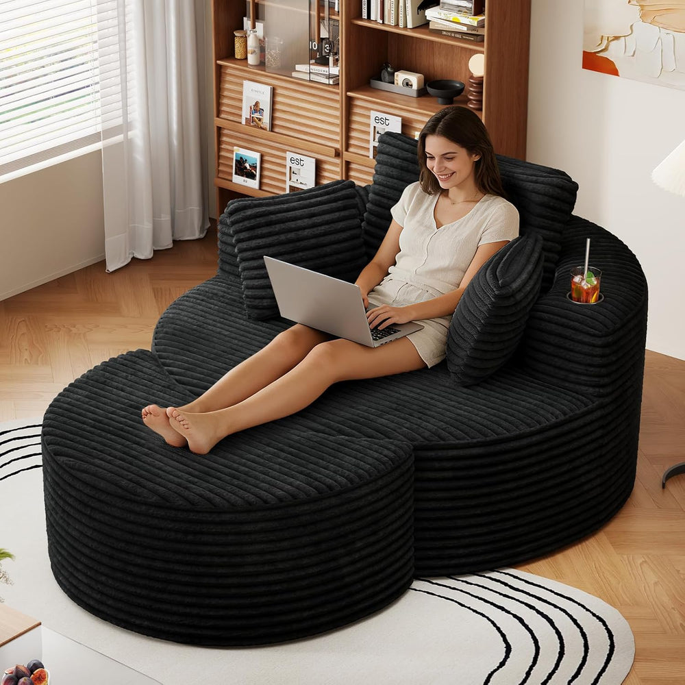 Oversized Round Chaise Longue Chair with Ottoman, Modern Corduroy Deep Seat C...