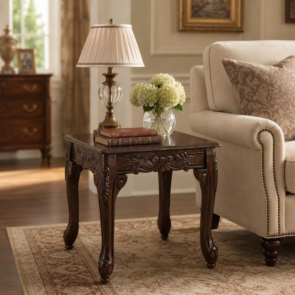 Traditional Dark Cherry Wood End Table with Claw Feet Ornate Vintage Side Tab...