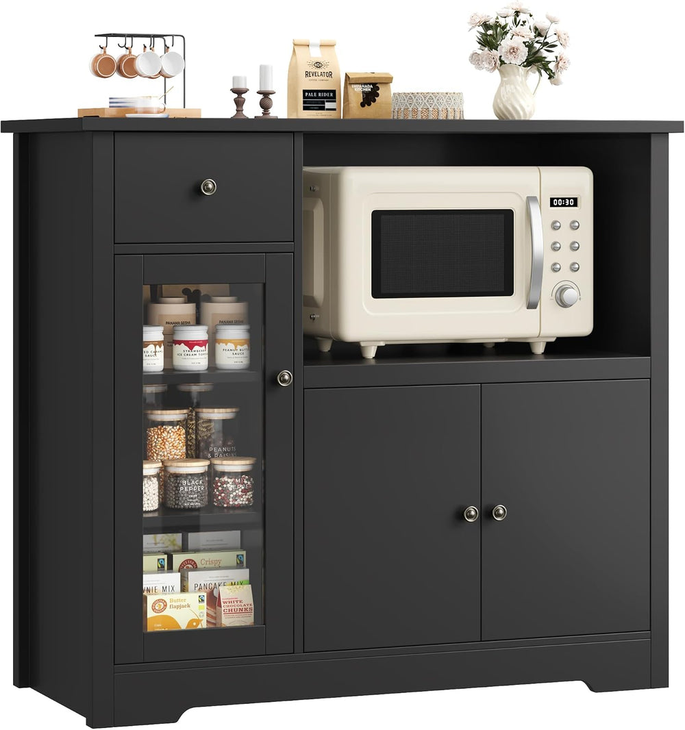 HORSTORS Microwave Cabinet, Kitchen Storage Cabinet, Microwave Stand, Black