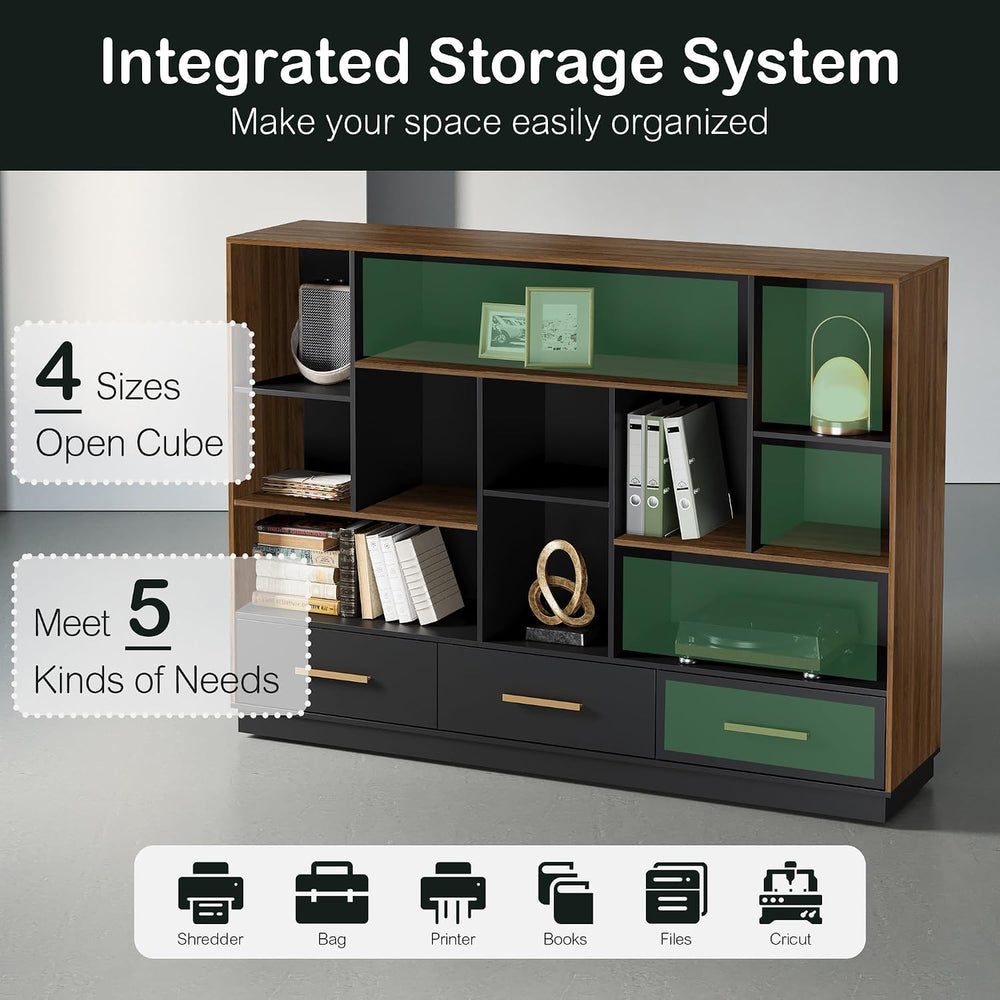ModernMate 60" Wide Bookcase with 3 Drawers and 12 Open Cubes, Black Walnut