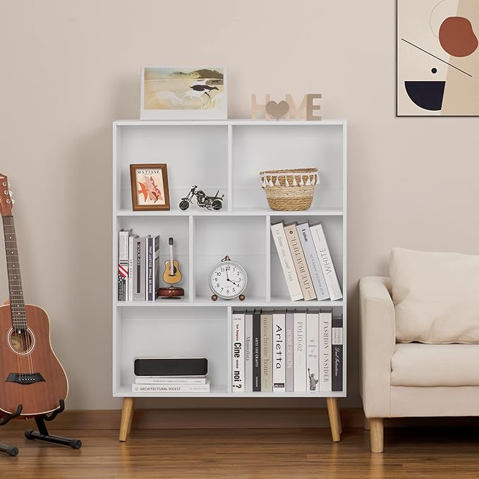 YAHARBO White Bookshelf,3 Tier Book Shelf with Legs, 7 Cube Minimalist Bookca...