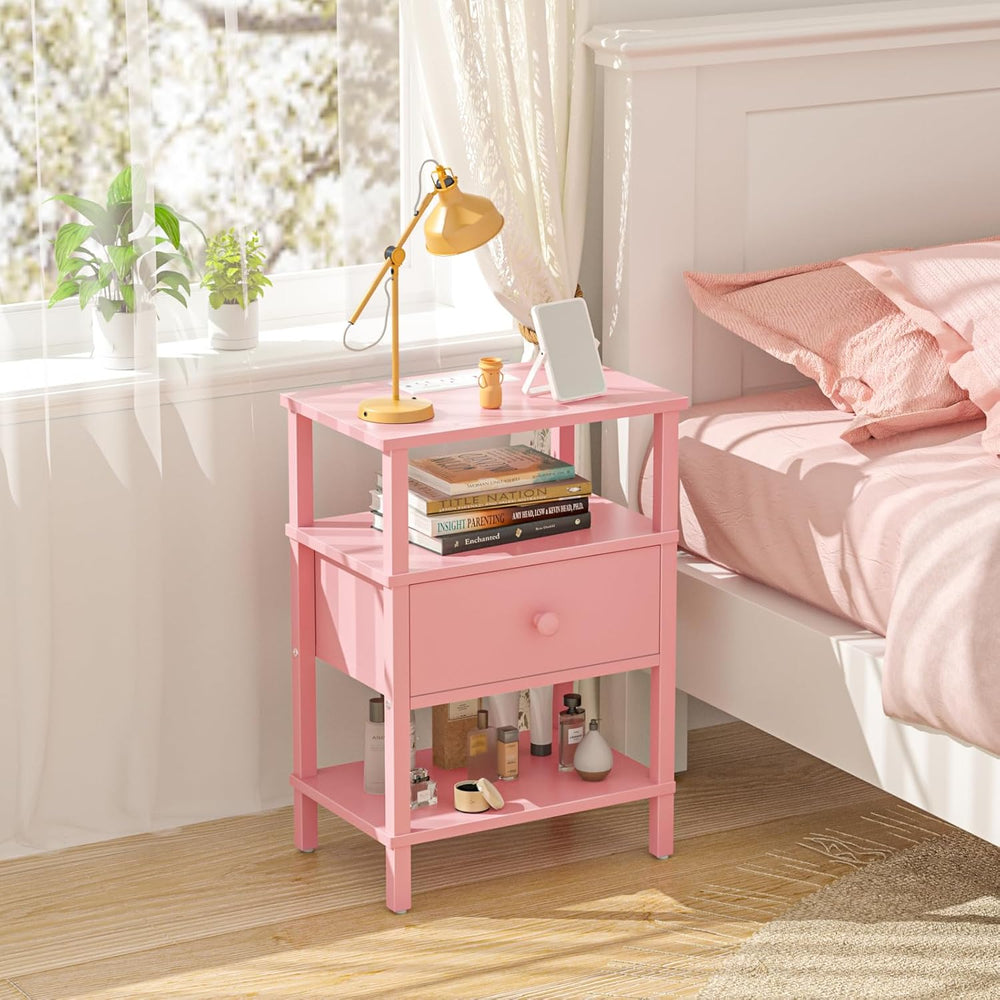 Lerliuo Nightstand with Charging Station and USB Ports, 3-Tier Storage Pink E...