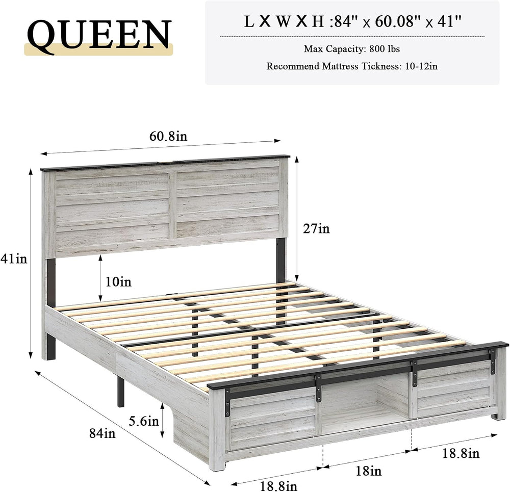 Queen Size Wooden Bed Frame with Headboard and Storage Footboard