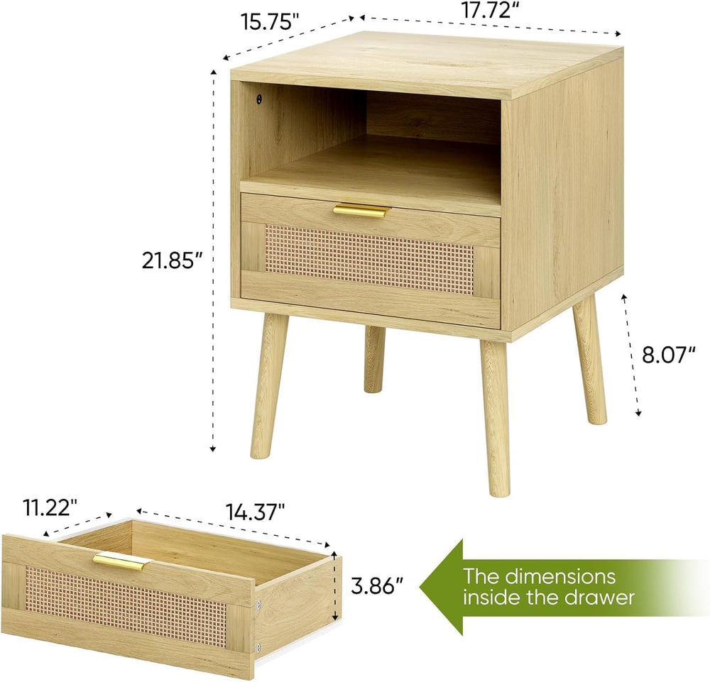 Smart Rattan Nightstand, Boho Side Table with Drawer Open Shelf, Wood Accent ...