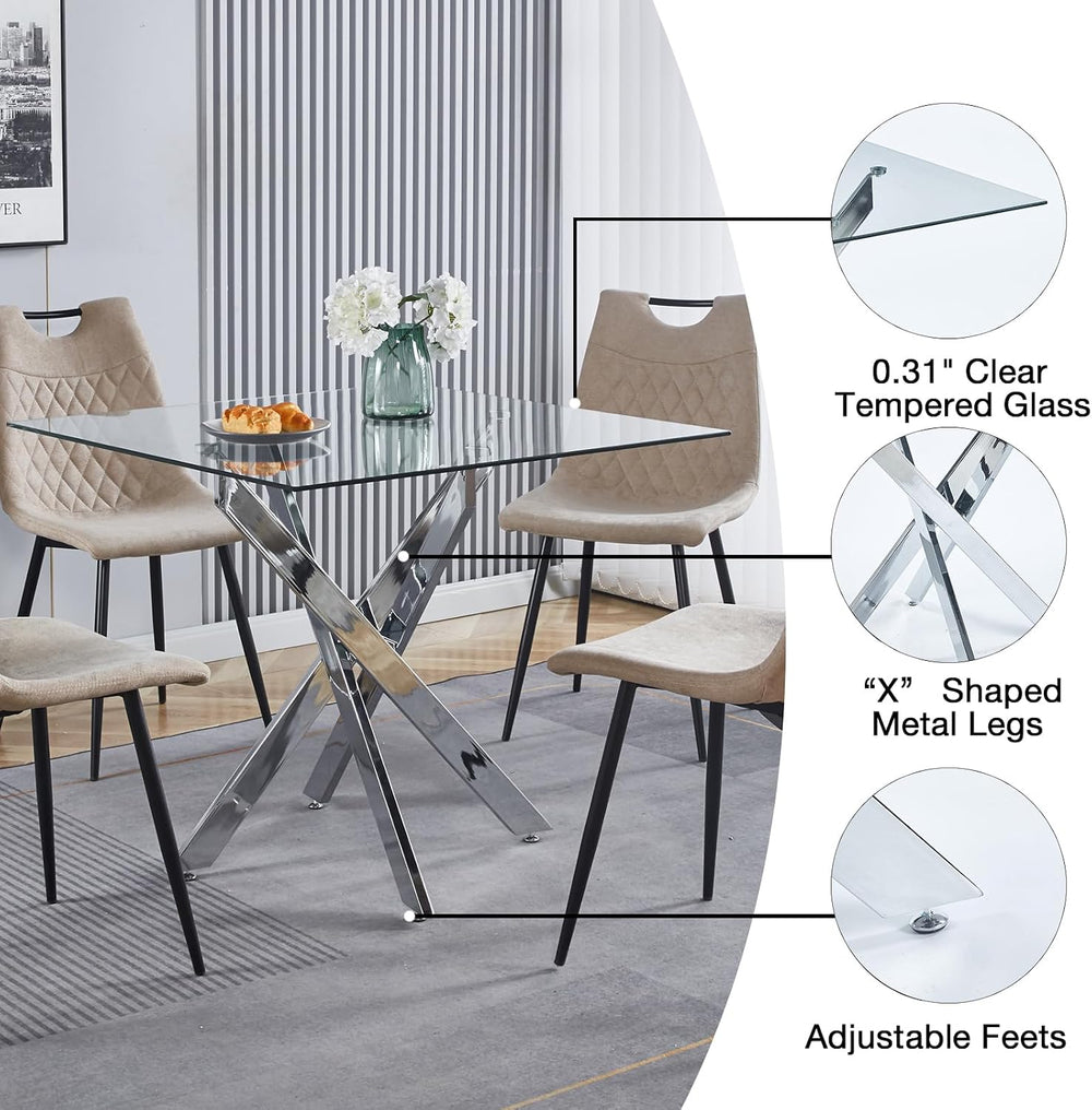 5-Piece Dining Room Table Set, Modern 36" Square Silver Glass Dining Tab...