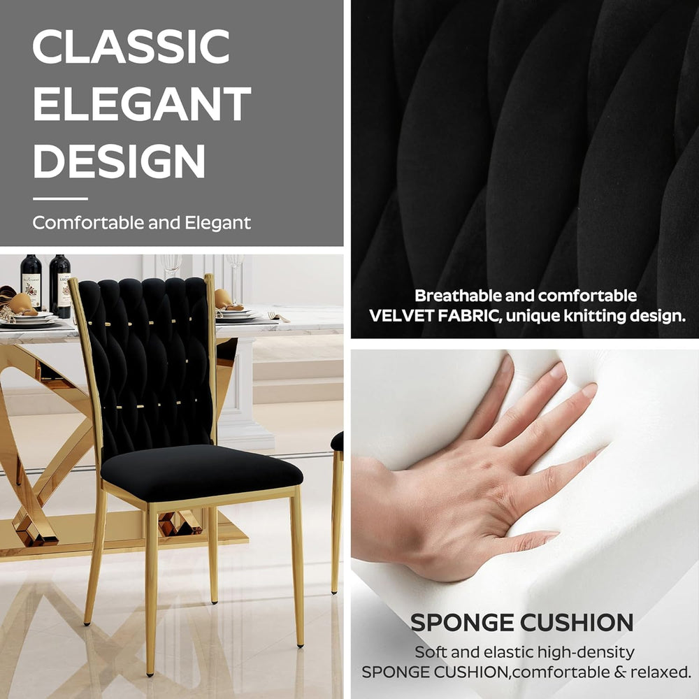 Modern Dining Chairs Set of 4, Black Velvet Woven Kitchen Chair with Golden M...