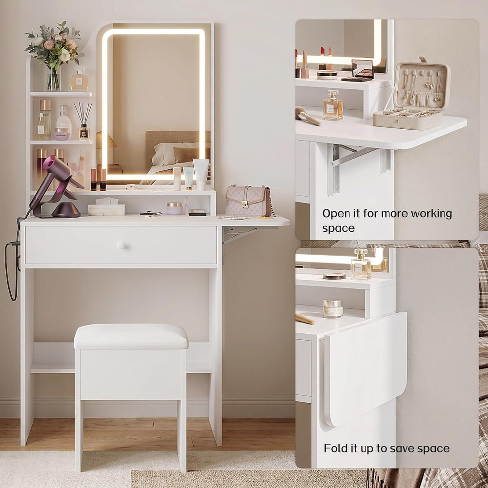 Haewon Small Makeup Vanity Set with Lighted Mirror and Chair, White | Built-I...